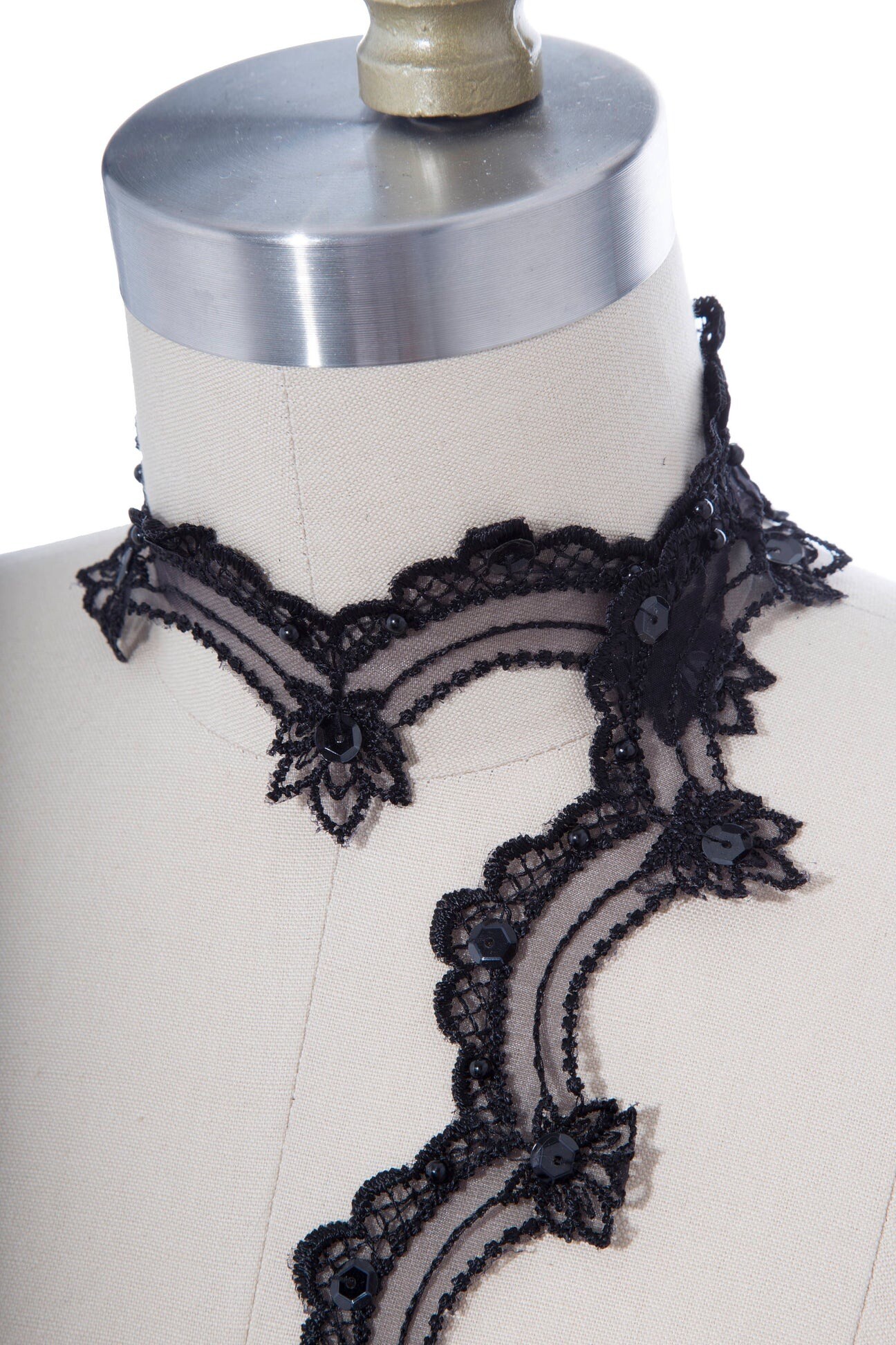 1 Inch Black Beaded Lace Trim On Clear Chiffon With Scalloped Arches 1 Yard For Formal Decor