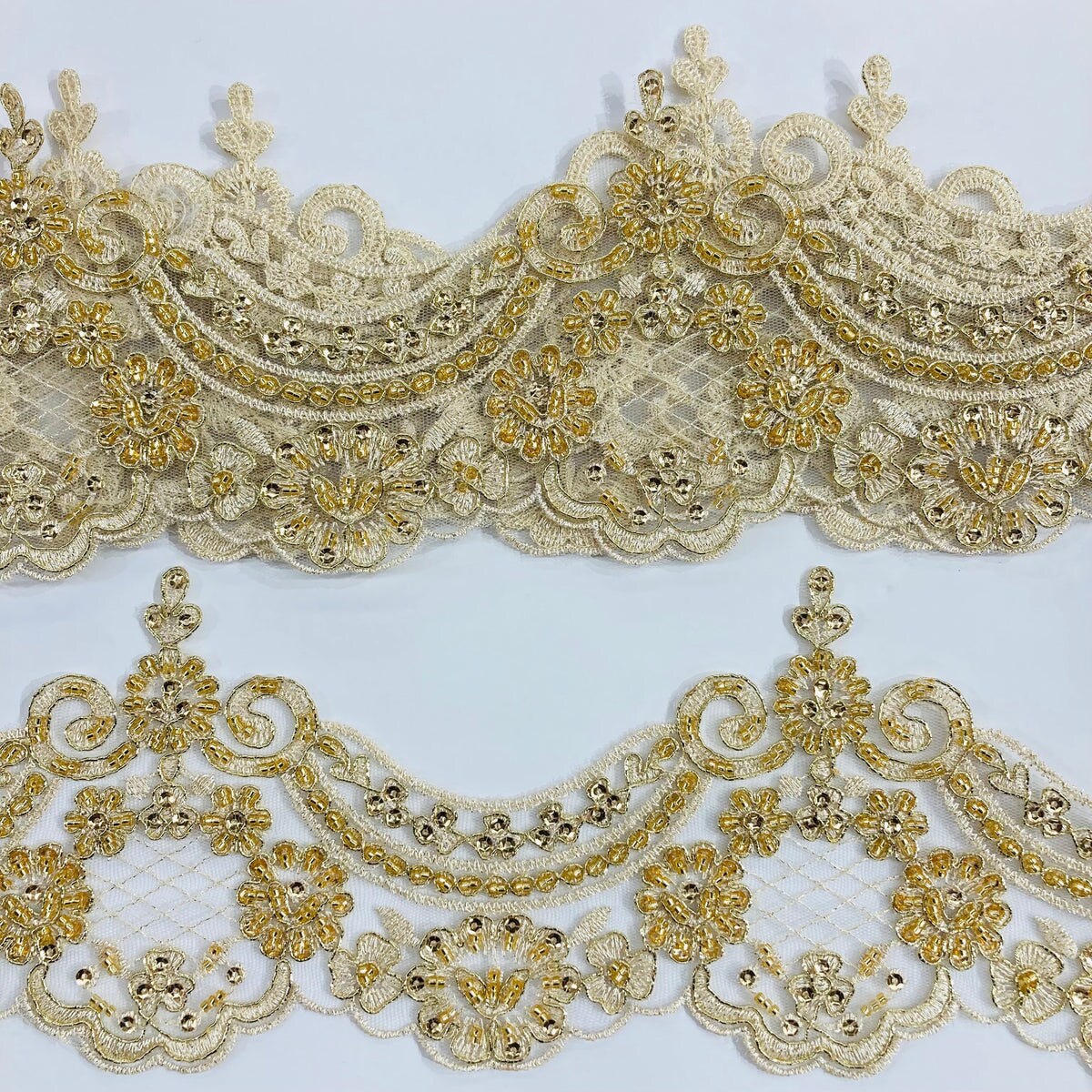 1 Yard Elegant Beaded &#x26; Corded Embroidered Lace Trim on 100% Polyester Mesh