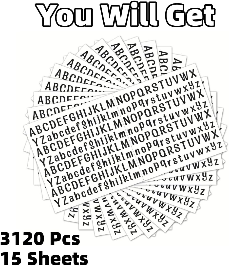 3120 Pieces 15 Sheets Letter Stickers, self-Adhesive Vinyl Waterproof Mailbox Stickers 0.5 inch (Black)