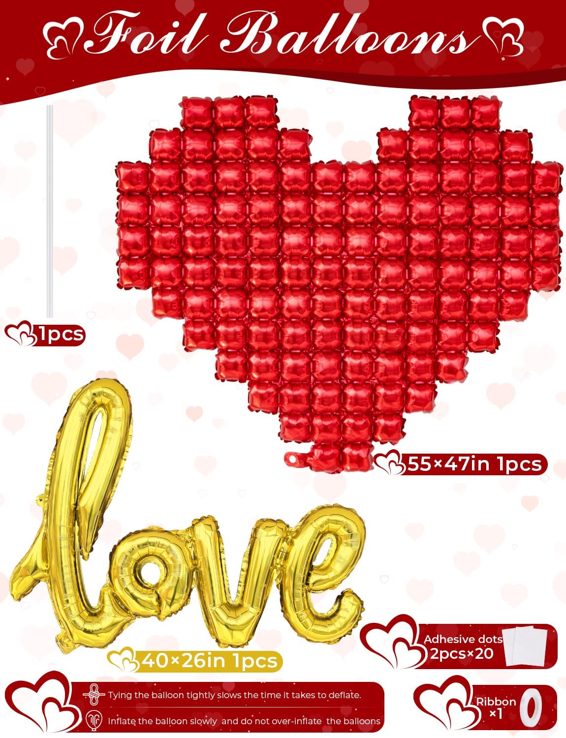 55 Inch -Heart Balloons and Love Balloons, Foil Balloon Set with Gold Love (Red Gold) 12.5 x 8.6 x 0.6 inches