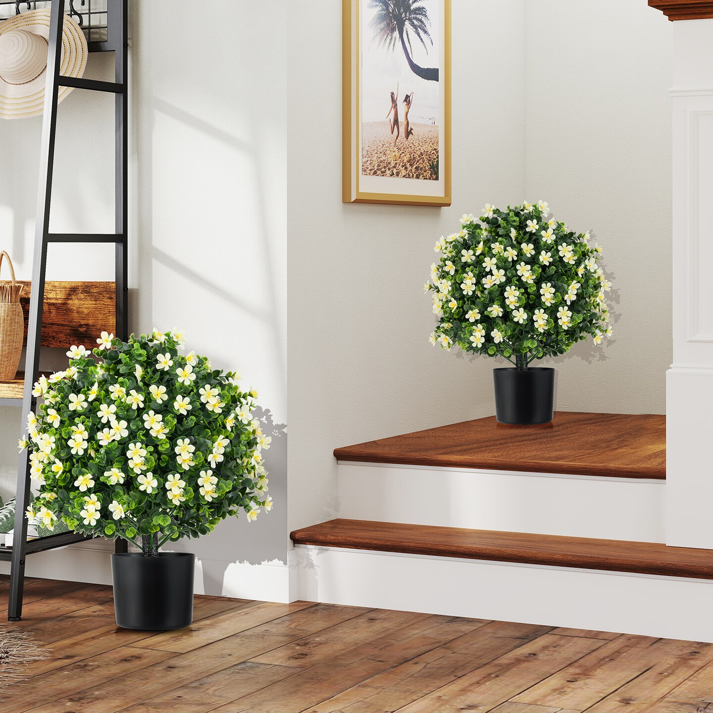 Artificial 2 Pack Topiary Ball Trees with Cement Pots Indoor or Outdoor