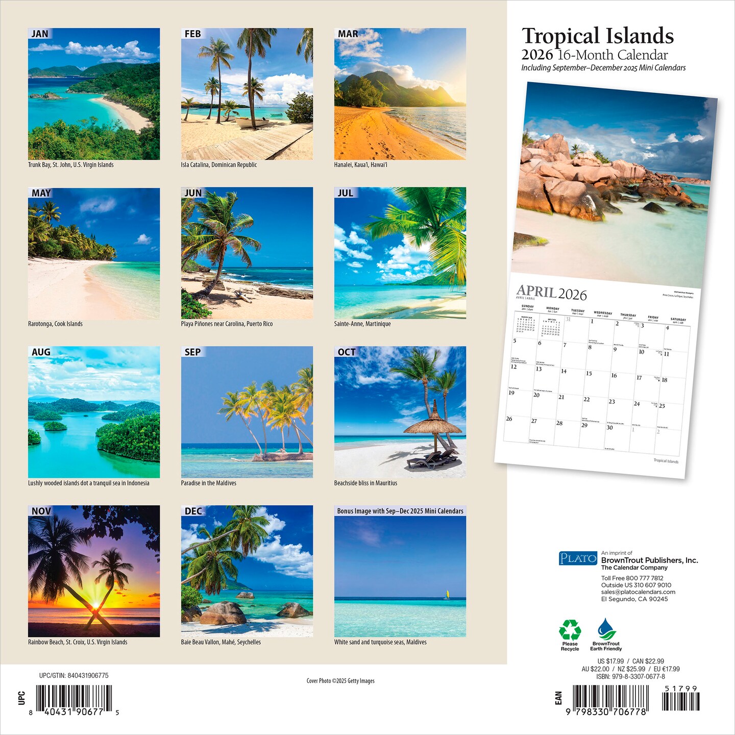 Tropical Islands | 2026 12 x 24 Inch (Hanging) Monthly Square Wall Calendar | Foil Stamped Cover