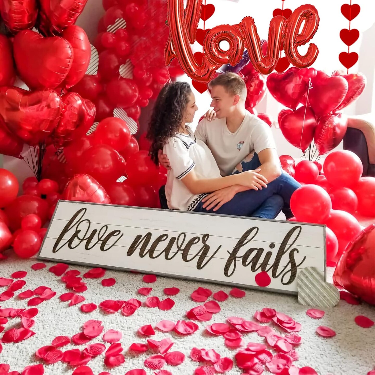 Anniversary Party Decoration Set – Banner, Balloons, Garland & Rose Petals (Red)