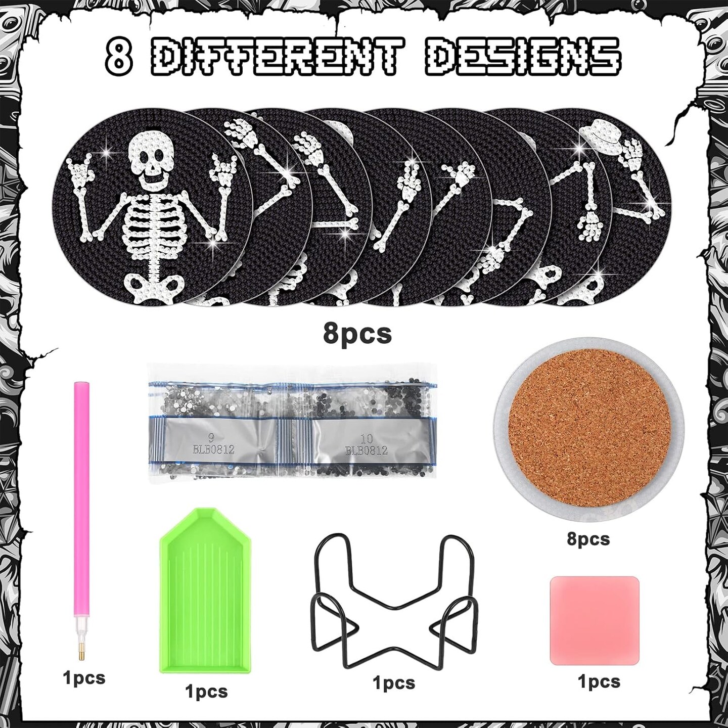 8 Pcs Diamond Coasters Skull Diamond Painting Coasters