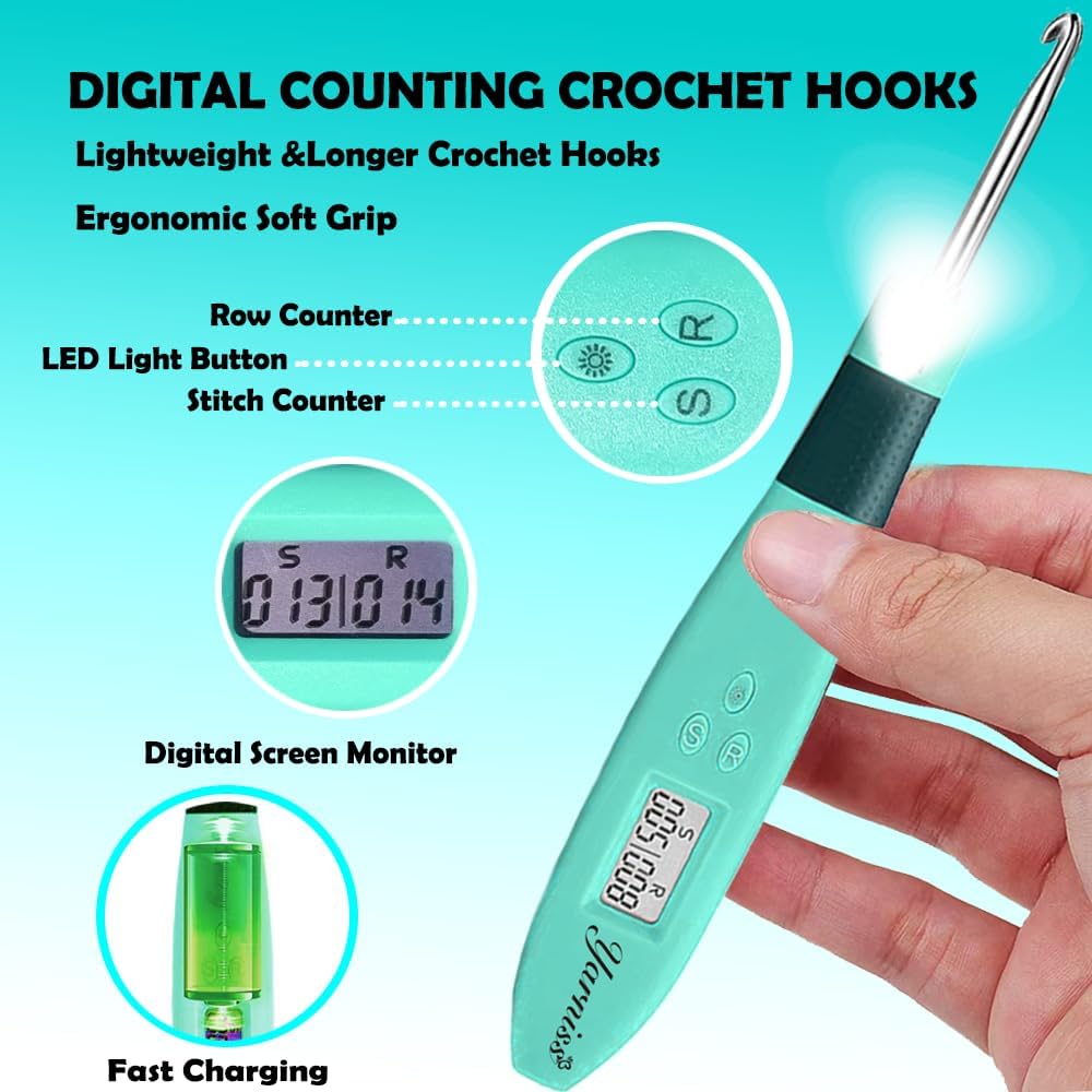 18 Size Counting Crochet Hooks with Light (Turquoise-18 Size with Light & Counter)