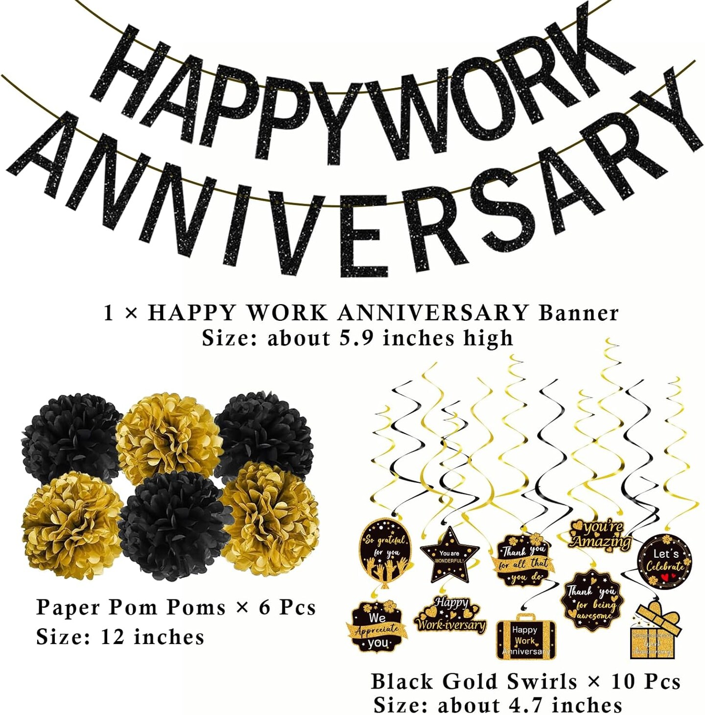 Happy Work Anniversary Decorations Black Gold, Happy Anniversary Banner