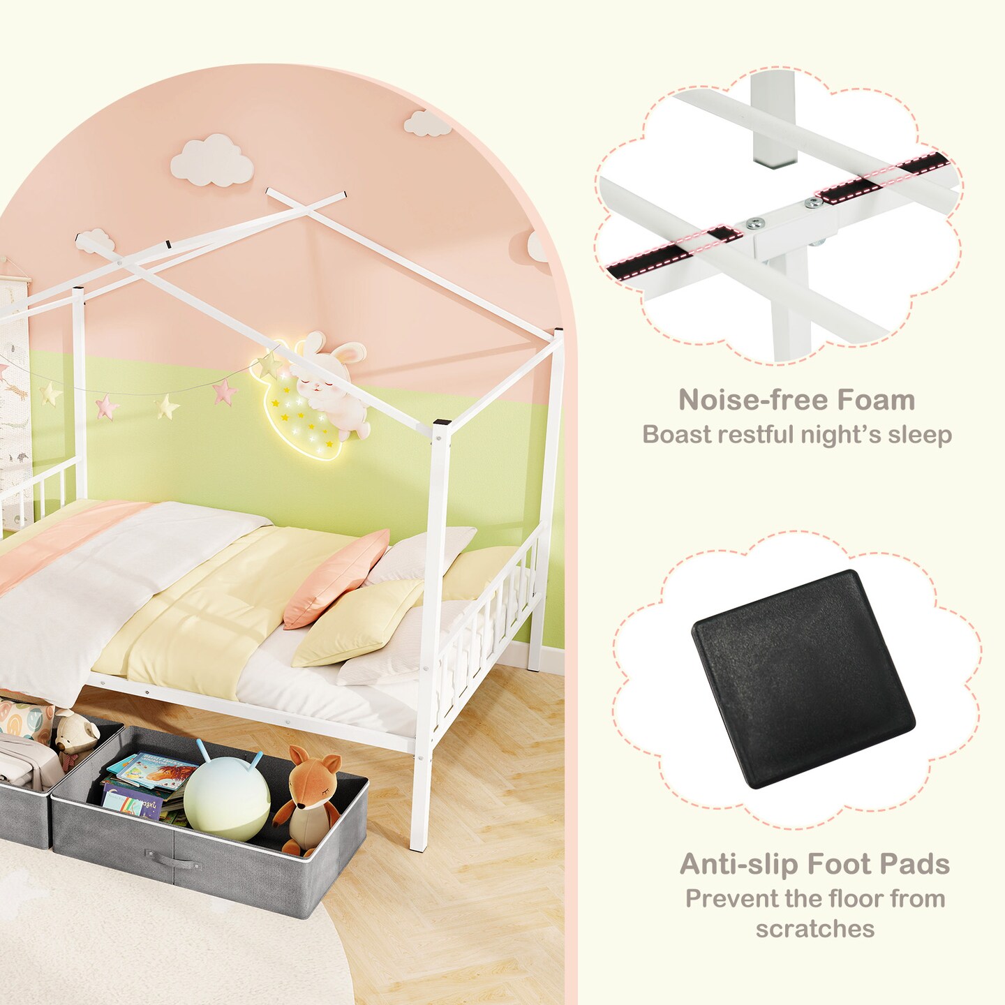 Full Size Metal House Bed with Storage Drawers, Noise-Reducing Slats and 660 lbs Capacity