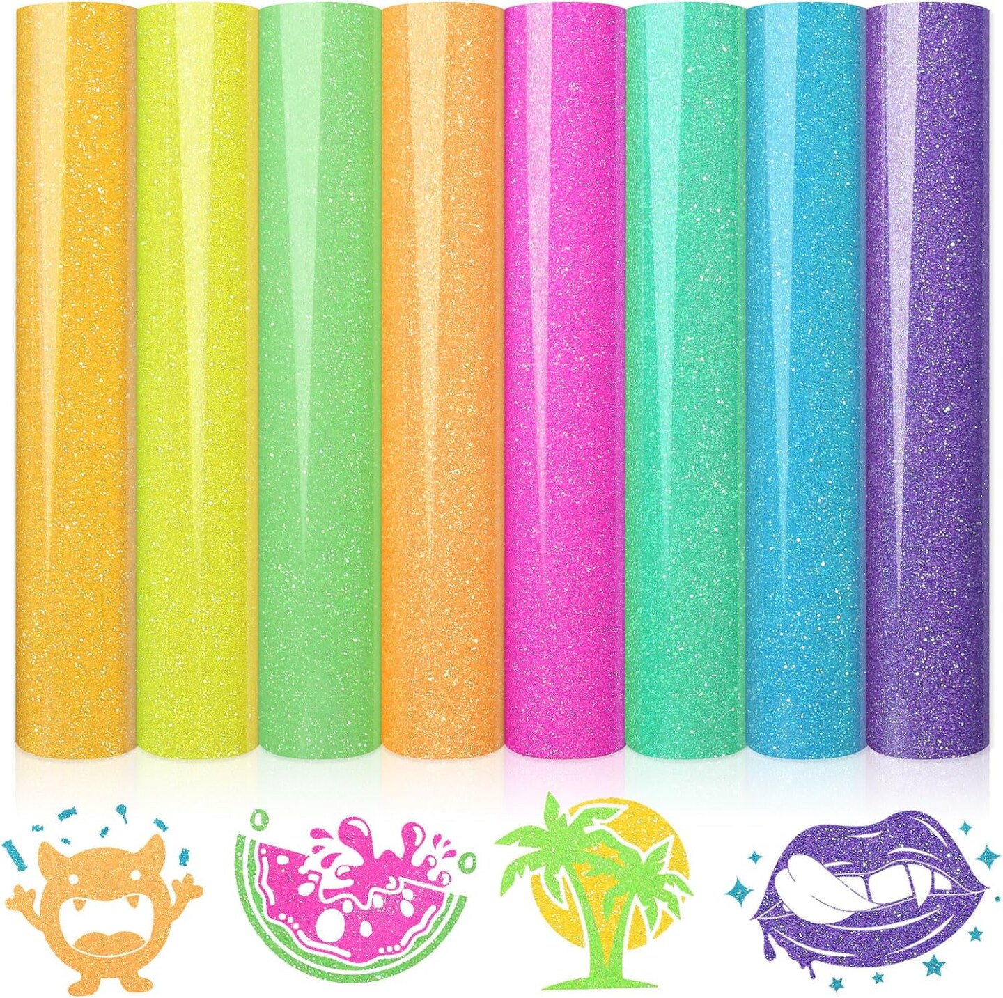 8 Packs Glitter Iron on Vinyl for Shirts, Sparkle 12''x10'' (Neon Glitter 8-Sheet)