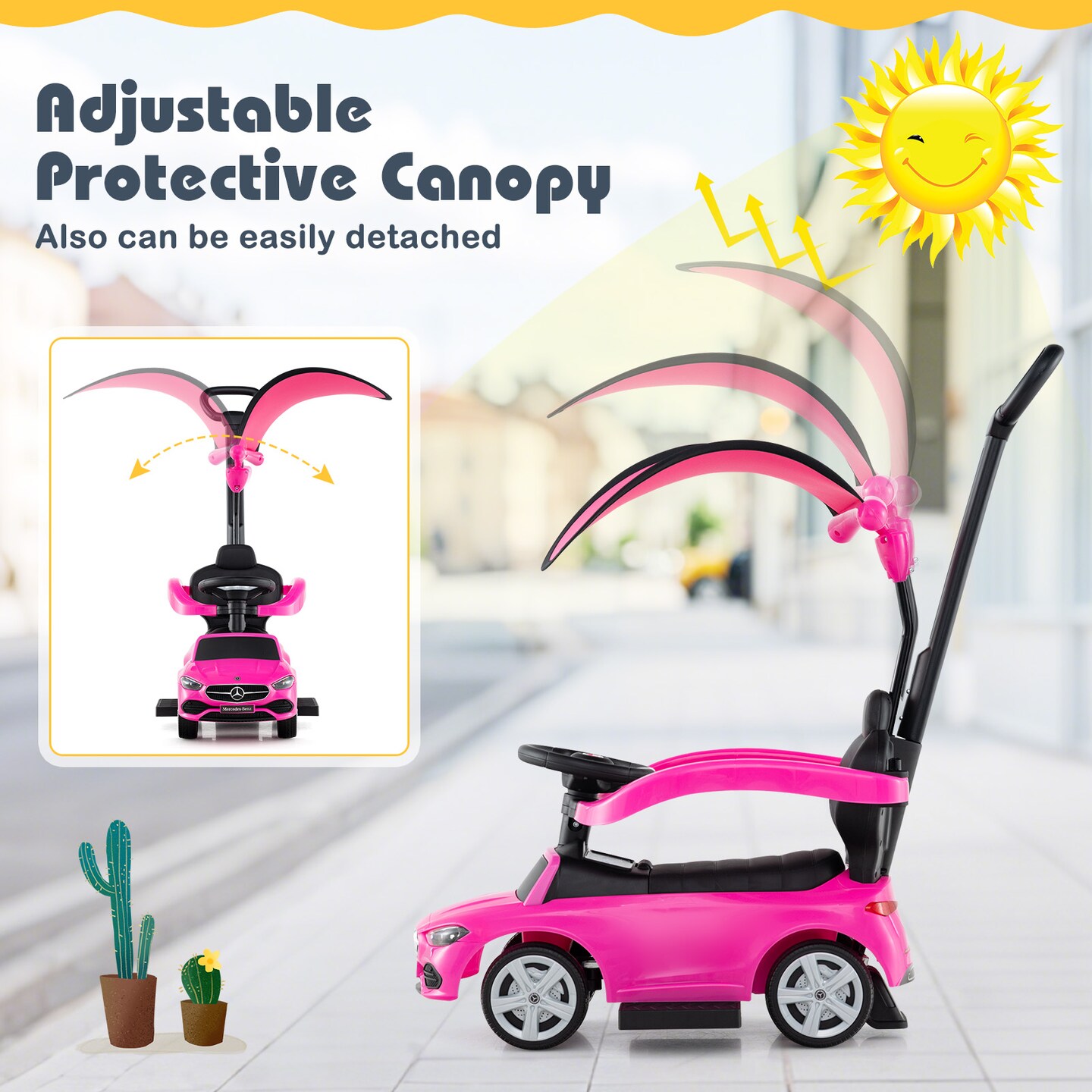 Kids 3-in-1 Push Car with Canopy and Engine Sounds for Fun Riding