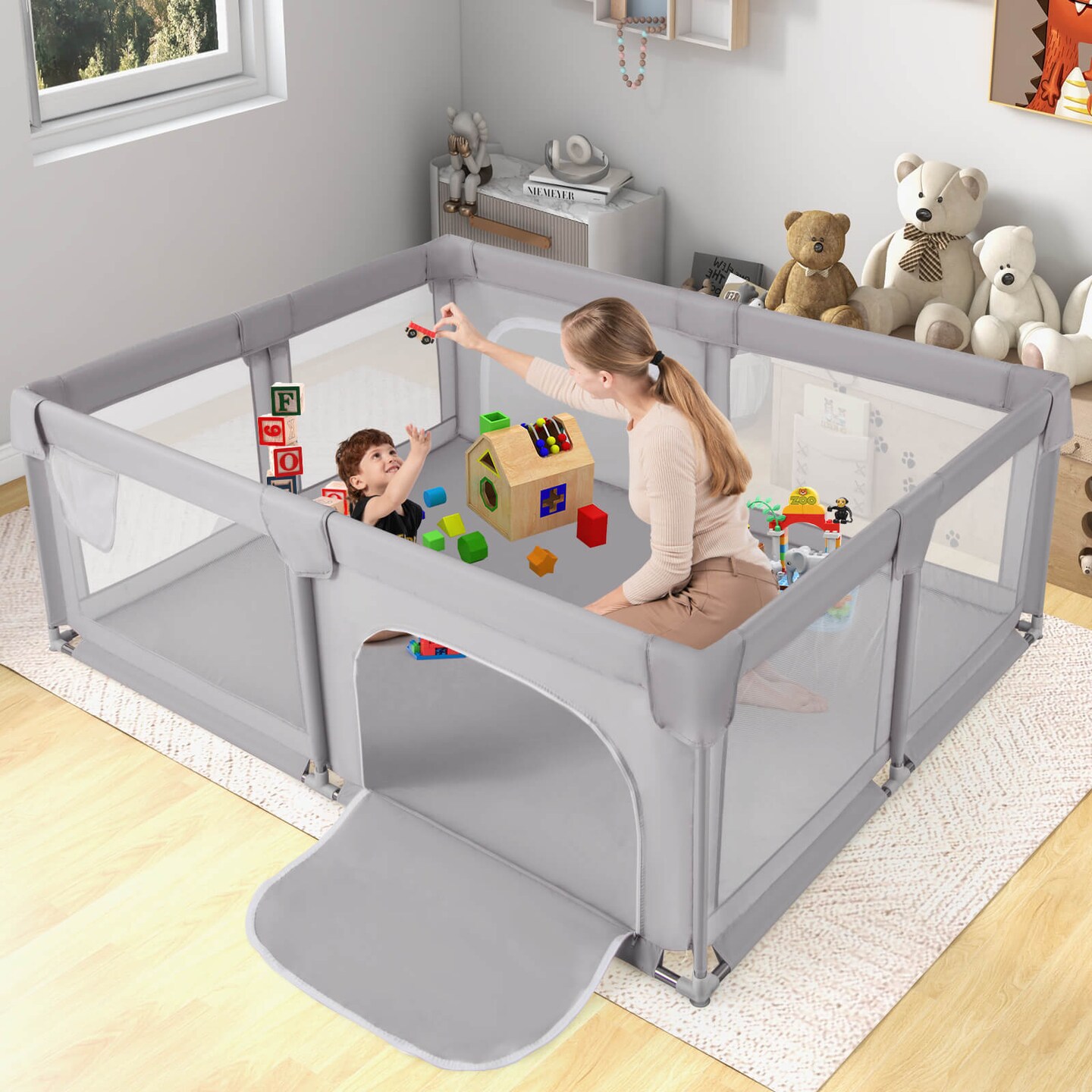 Babyjoy Playpen Extra Large Unisex Kids Baby Activity Center Safety Play Yard with Gate Beige/Blue/Gray