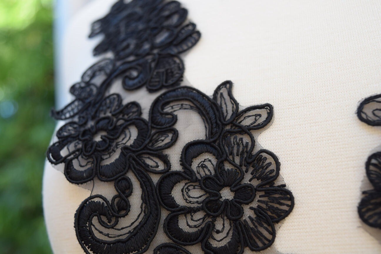Black Alencon Lace Applique Pair with 9 X 3 Inch Mirrored Design
