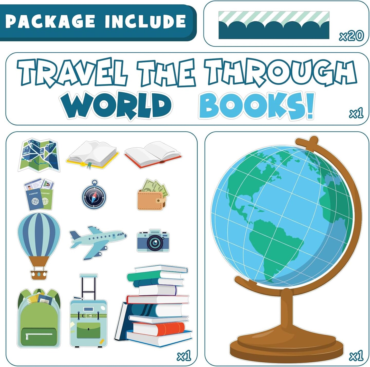 Reading Travel Bulletin Board Decorations Set – “Travel the World Through Books” Classroom Decor Kit with Adventure Cutouts for Library, Reading Corner, Classroom Wall & Door Decorations