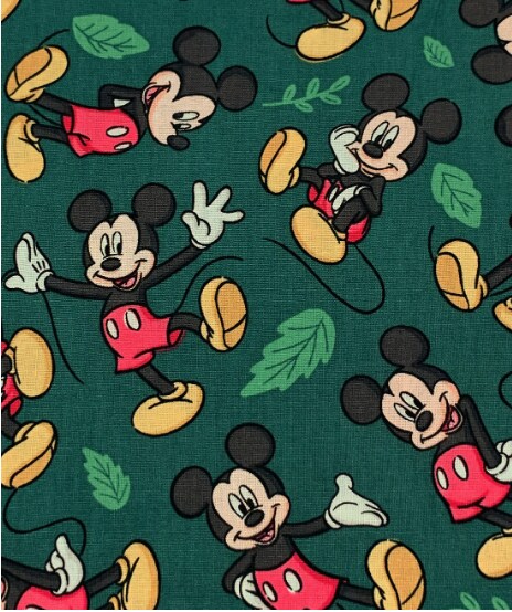 Licensed Disney Print Mickey Fall Dark Green Cotton Fabric by the Yard
