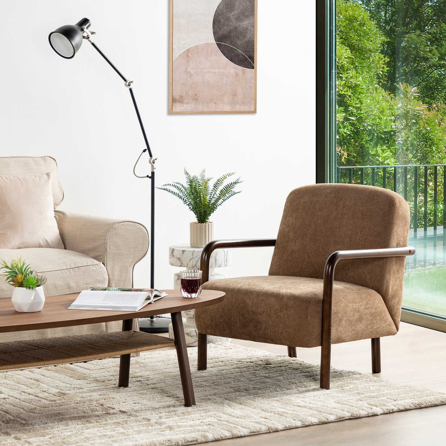 Mid-Century Modern Brown Fabric Thick Armchair with Walnut Rubberwood Frame