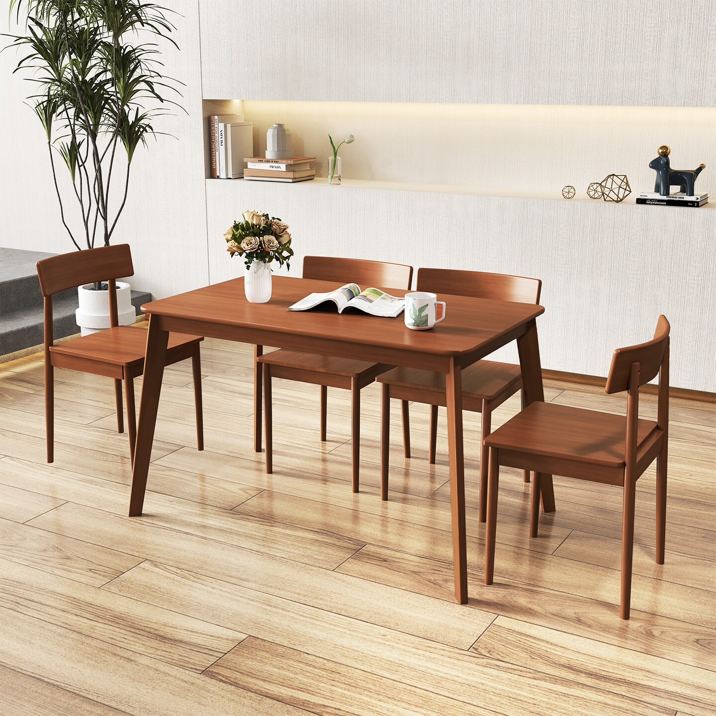 Walnut Rubber Wood 5-Piece Dining Set with Rectangular Table and Curved Back Chairs