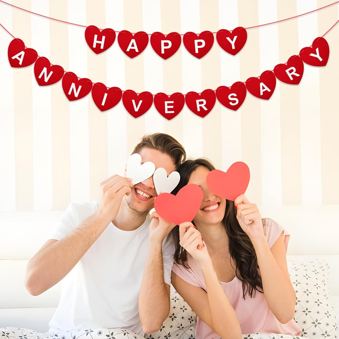 Pre-Strung Happy Anniversary Banner - No DIY Felt Wedding Anniversary (Red) 236"L x 5.9"W