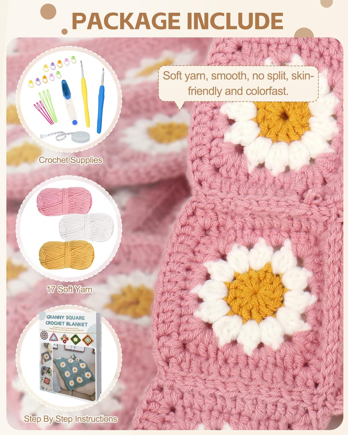 Granny Square Crochet Blanket Kit - Pink