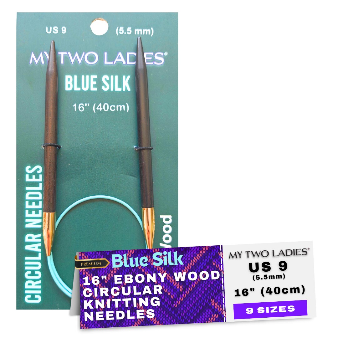 My Two Ladies | Blue Silk | 16" Circular Knitting Needles | Ebony | 9 Sizes