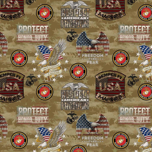 Sykel Enterprises Military Marines Camo Flag Allover Cotton Fabric by the Yard