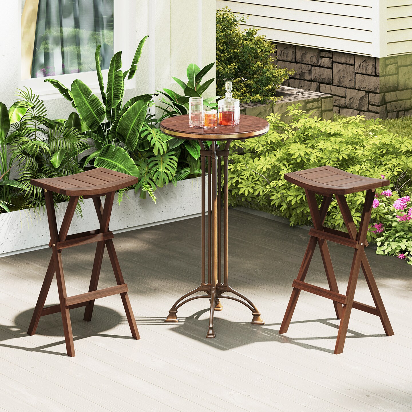 30 Inch Teak Folding Bar Stools Set of 2 Portable Saddle Seat Stools for Kitchen Island and Patio