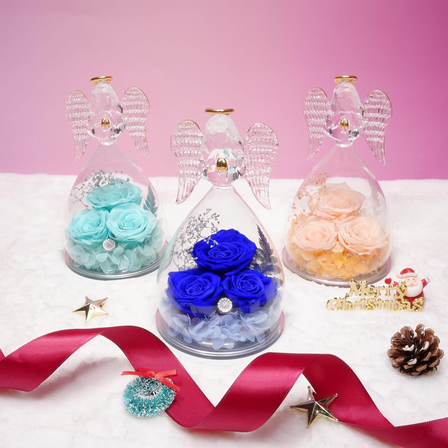 Glass Angel Figurines with Three Forever Real Roses (5-navy Blue)