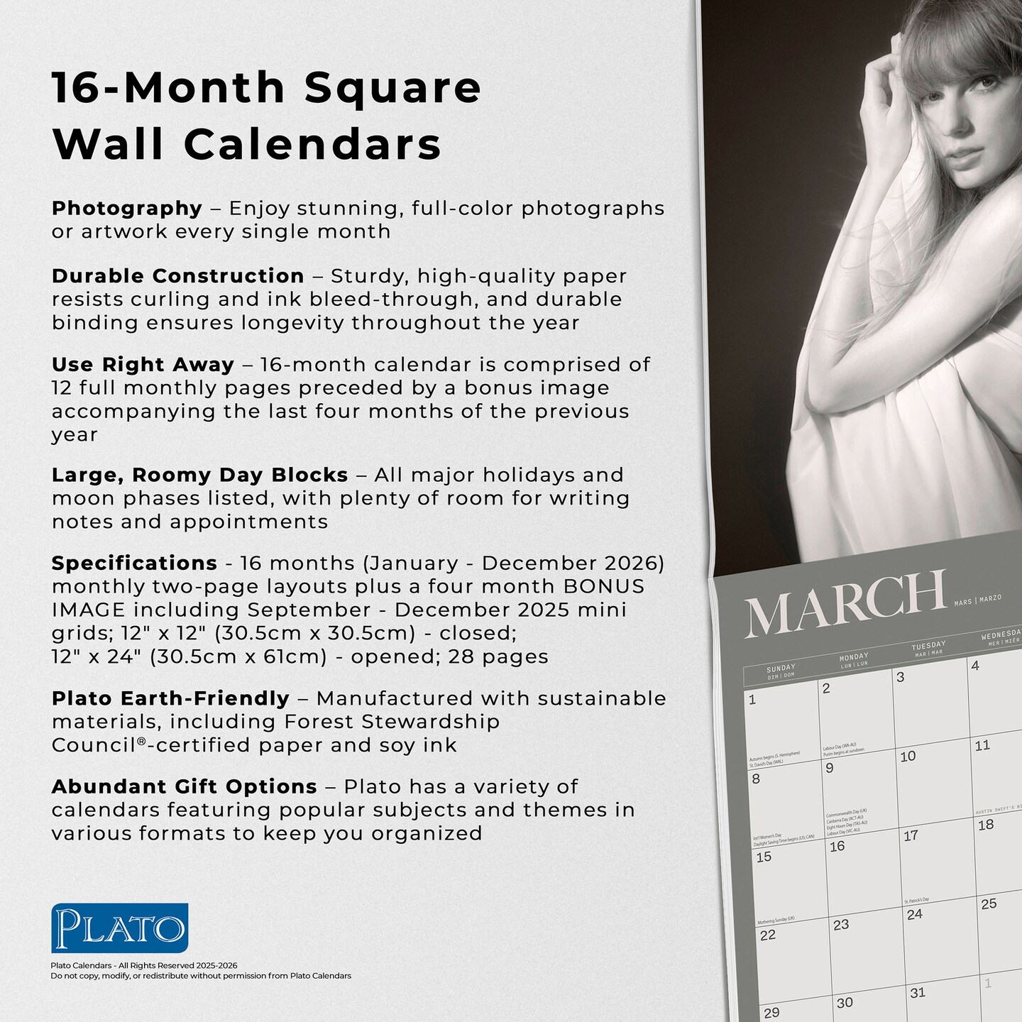 Taylor Swift OFFICIAL | 2026 12 x 24 Inch (Hanging) Monthly Square Wall Calendar