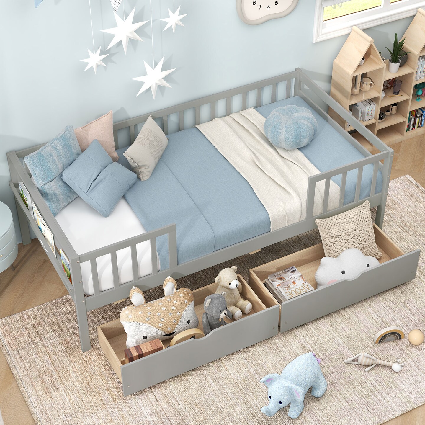 Grey Montessori Twin Daybed with 2 Spacious Drawers and Solid Wood Support Frame for Sofa and Bed Use