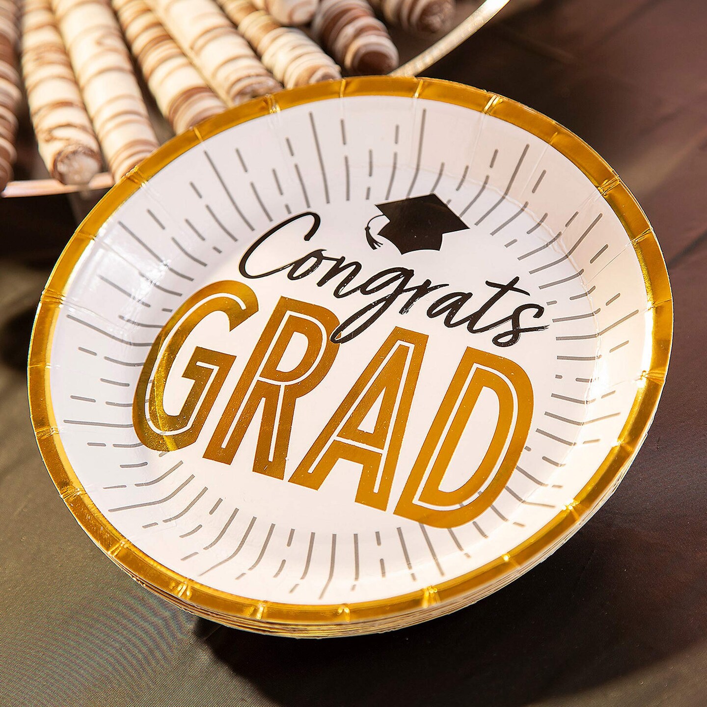 25 Count Black and Gold Graduation Party Congrats Grad Paper Dessert Plates 7 Inch