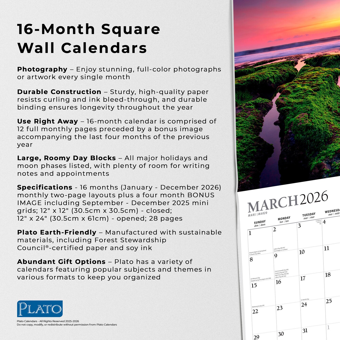 Sunsets | 2026 12 x 24 Inch (Hanging) Monthly Square Wall Calendar | Foil Stamped Cover