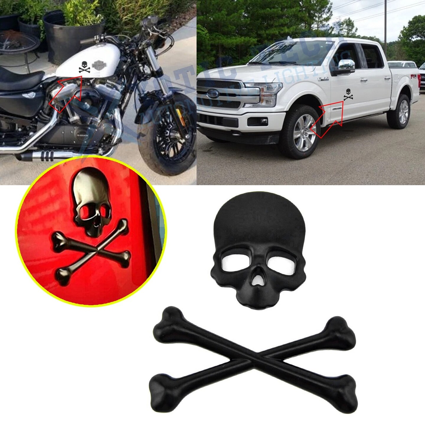 Matte Black 3D Crossbones Skull Sticker Skeleton Emblem Decal