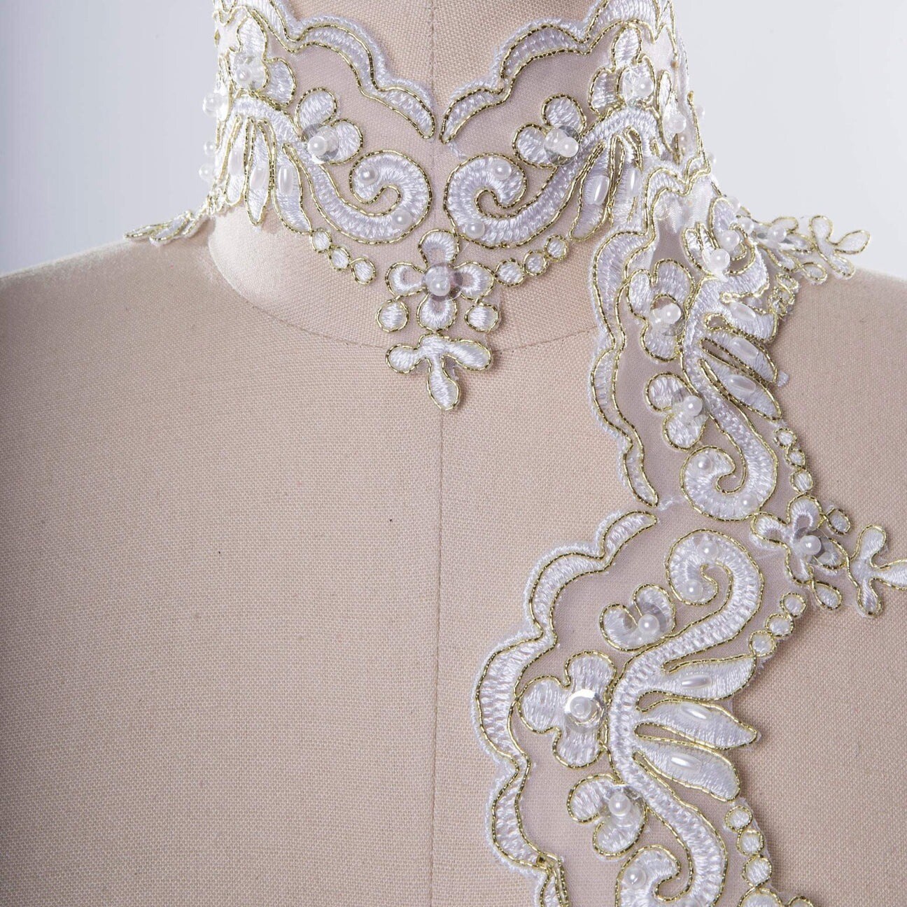 1 Yard 2.5 Inch White and Gold Beaded Sequin Bridal Lace Trim on Chiffon for Gowns and Decor