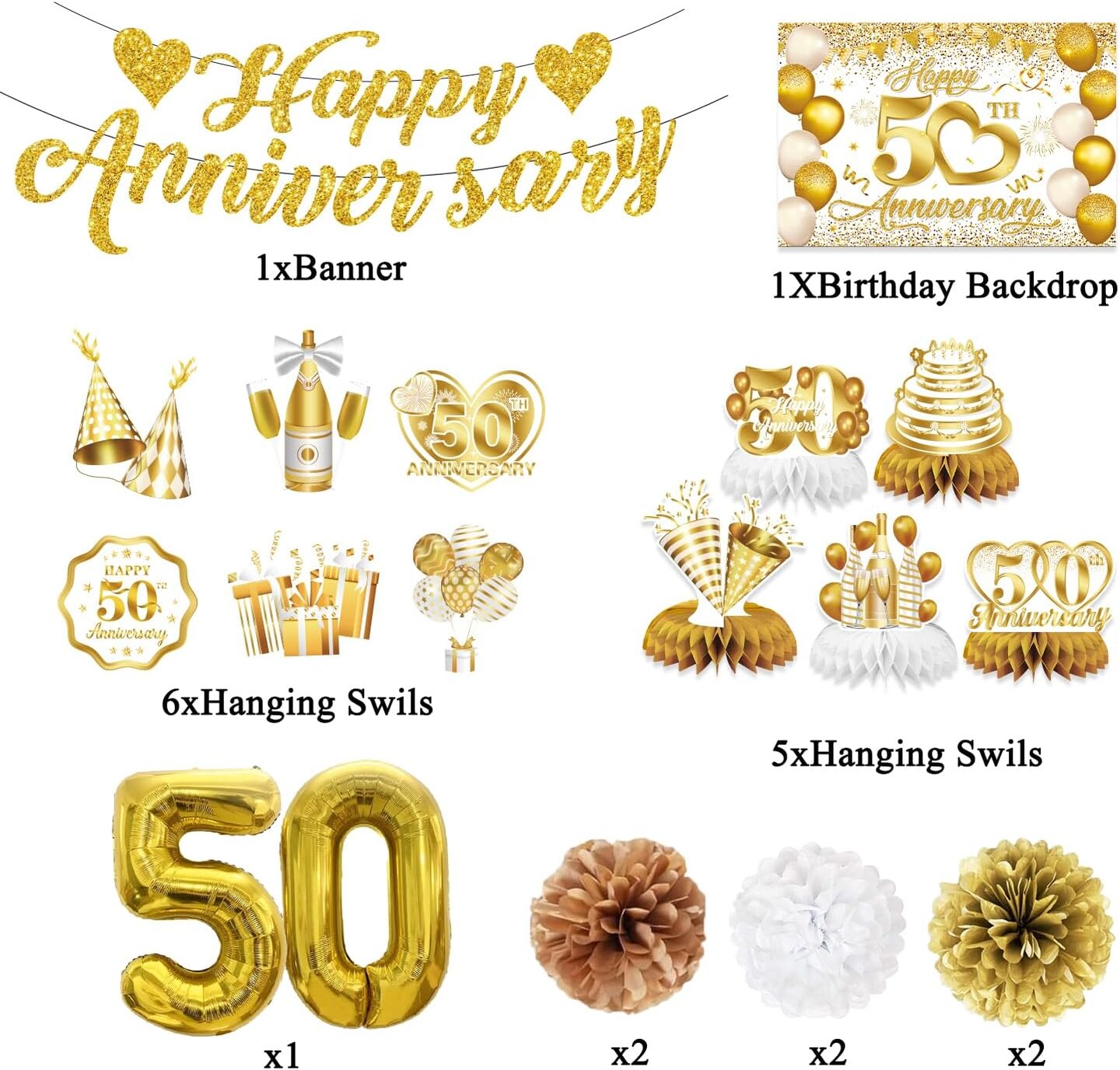 50th Wedding Anniversary Decorations - Happy 50th Anniversary Banner