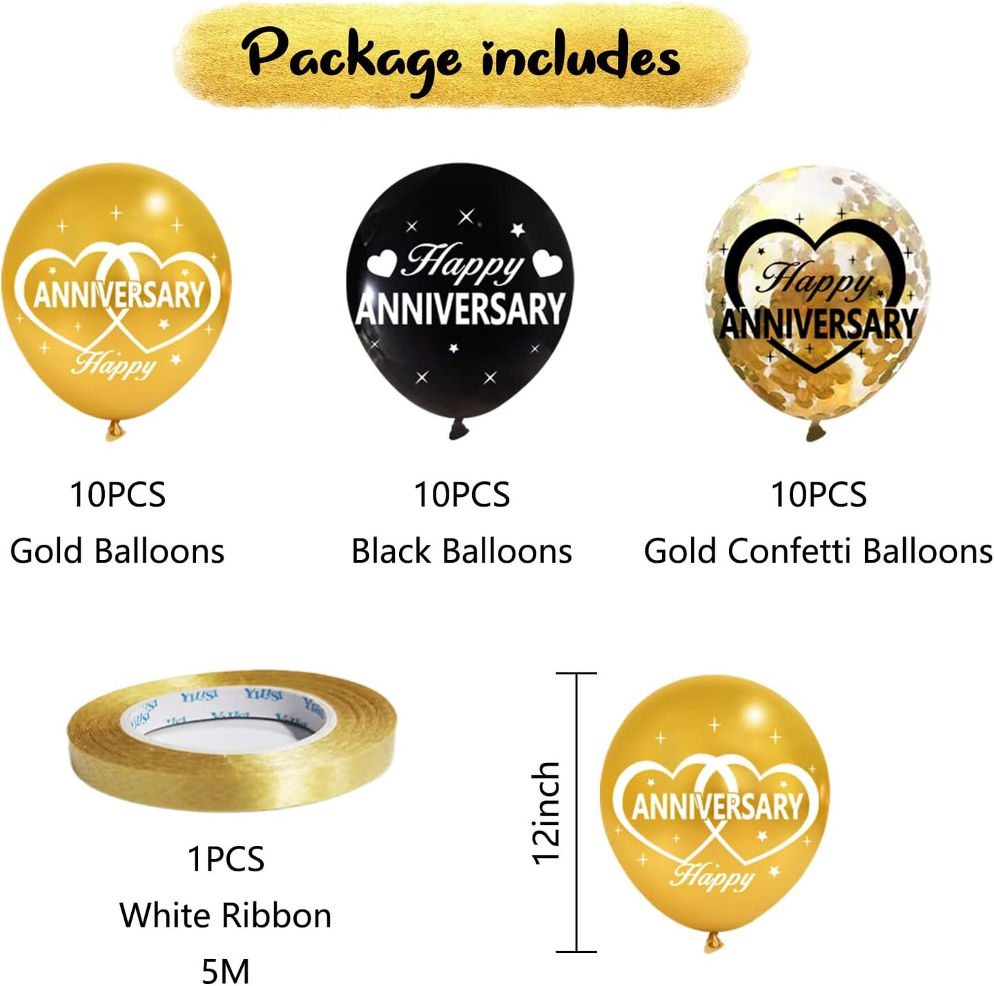 30Pcs Happy Anniversary Balloons Decorations Kit, 12 Inch Black Gold