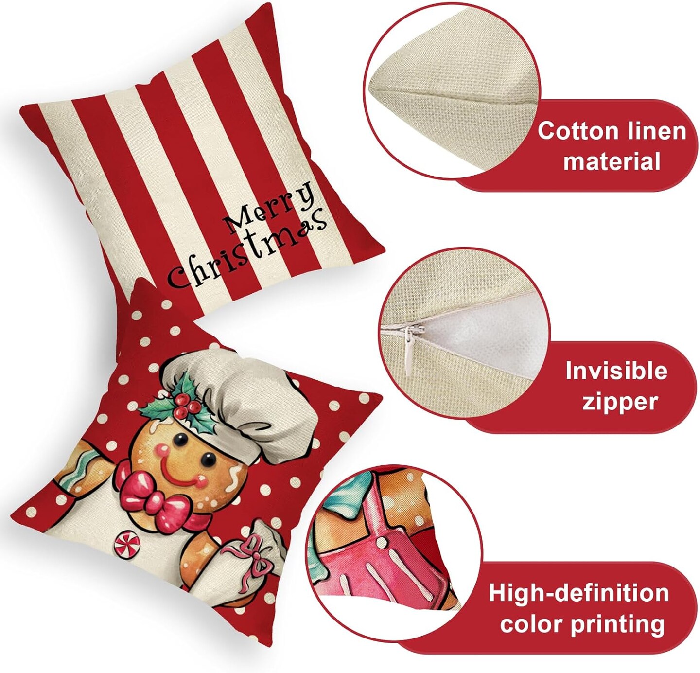 Merry Christmas Gingerbread Man Decorative Throw Pillow Covers 18x18 Set of 4, Xmas Peppermint Candy Polka Dot Stripe Red Cushion Case Decor, Holly Jolly Winter Holiday Home Decoration for Sofa