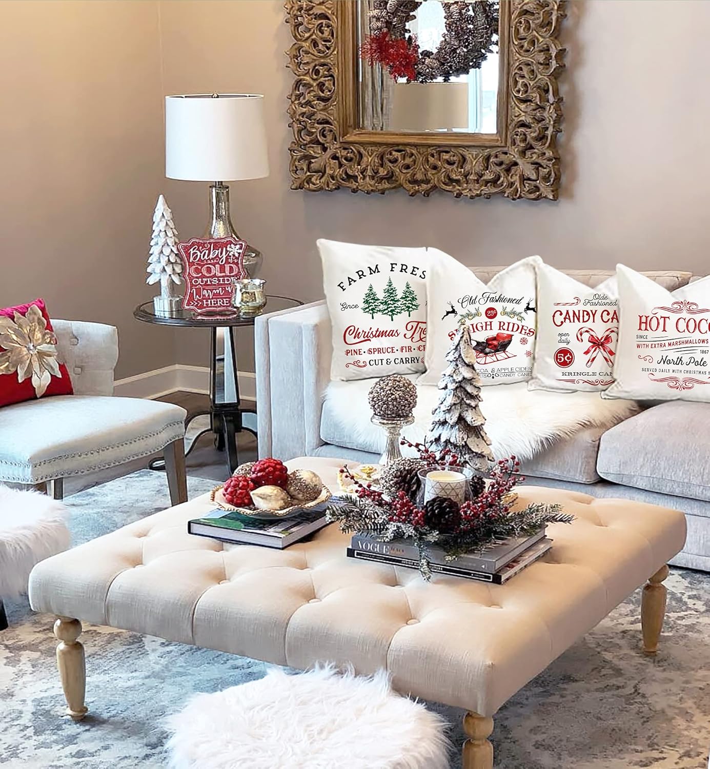 Farmhouse Christmas Pillow Covers 18x18 Set of 4 Rustic Winter Holiday Xmas Decor Christmas Decorations Cushion Cases for Couch Tree Candy Canes Cocoa Sleigh Rides (18&#x22;x18&#x22;)