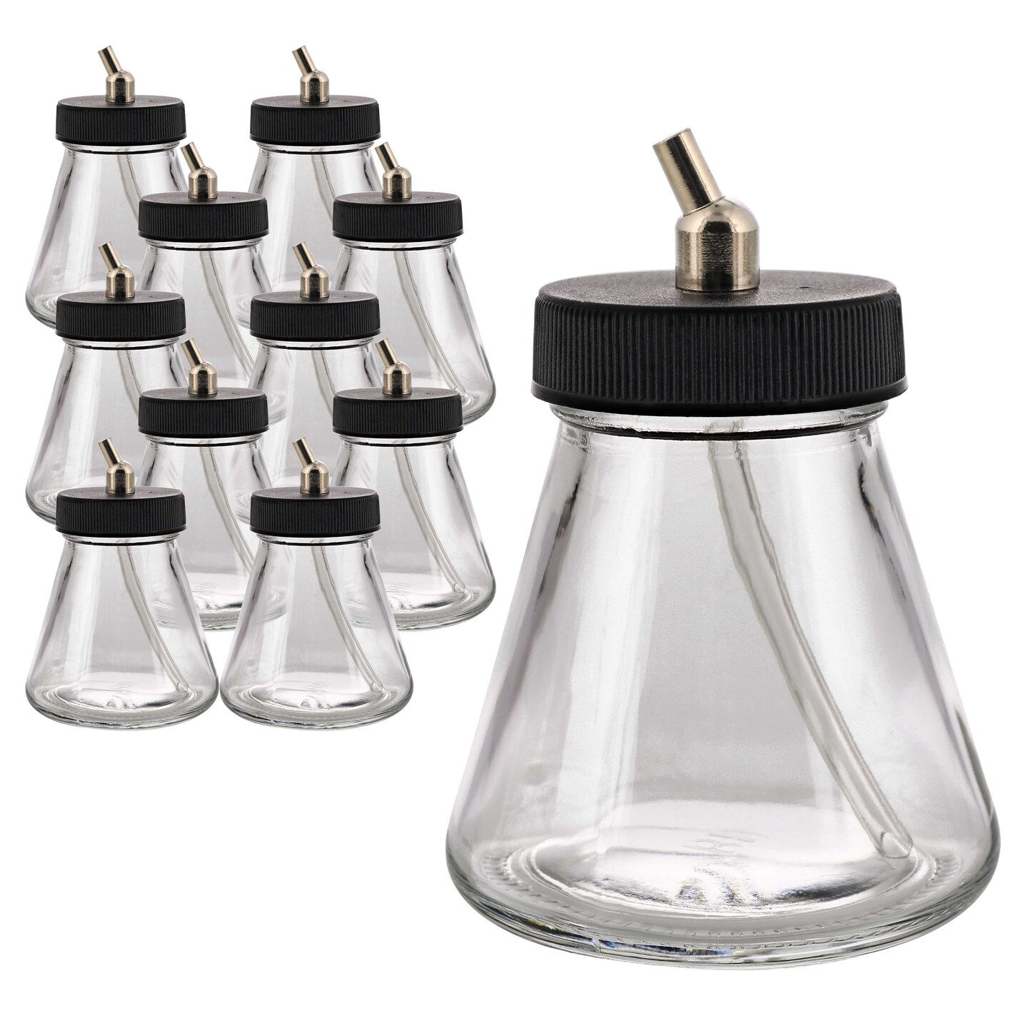 (Pack of 10) TB-010 Empty 2.7-Ounce (80cc) Glass Jar Bottles with 30 Degree&#xAD; Down Angle Adaptor Lid Assembly - Fits Dual-Action Siphon Feed Airbrushes