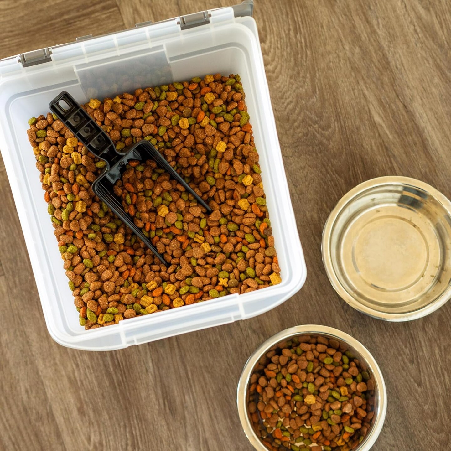 IRIS USA Airtight Dog Food Storage Container 25 lbs, Removable Wheels, for Dog Cat Bird and Other Pets, Clear/Dark Gray