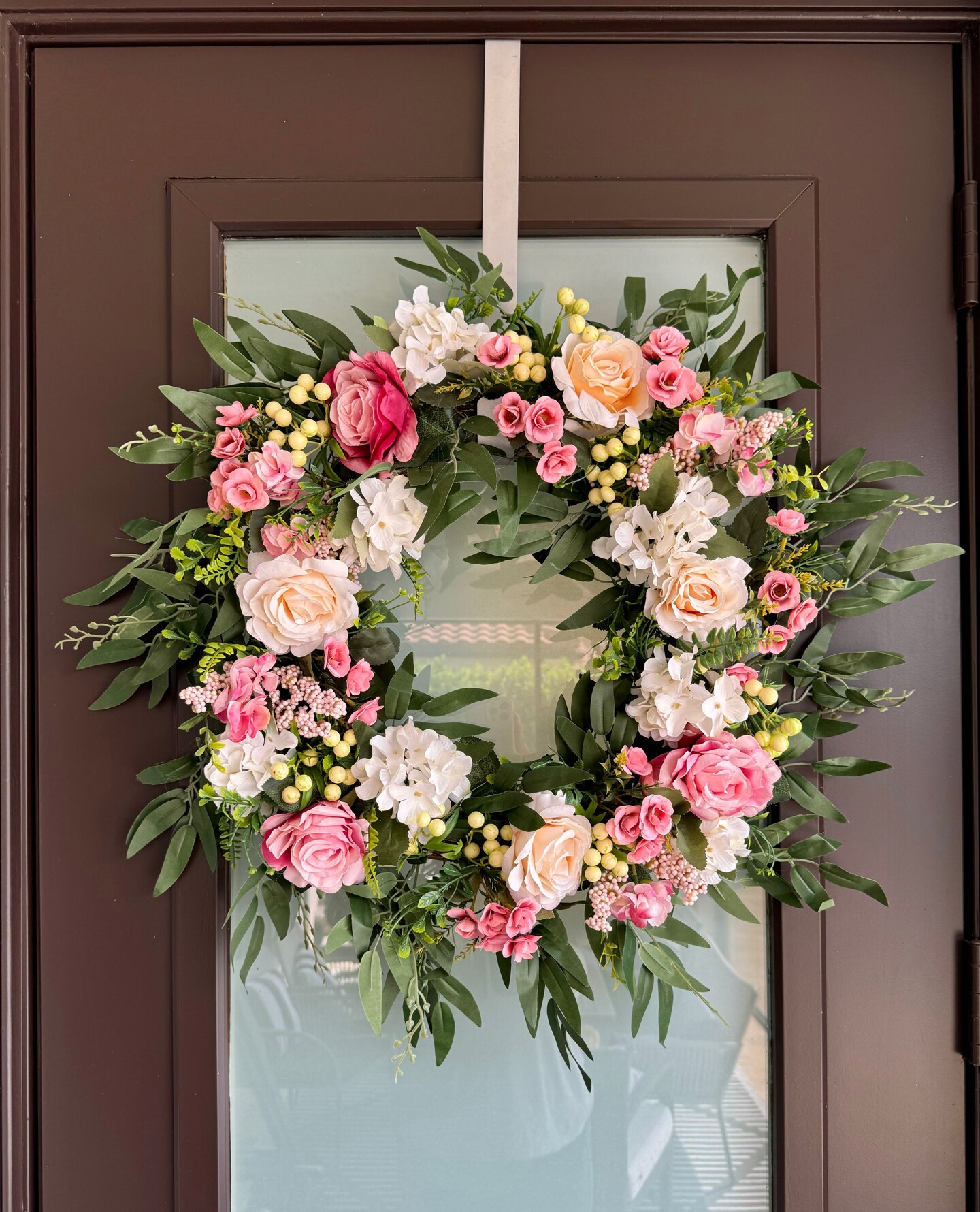 Lyla Pink White Rose Green Beech Wreath 24" All Season Indoor Outdoor