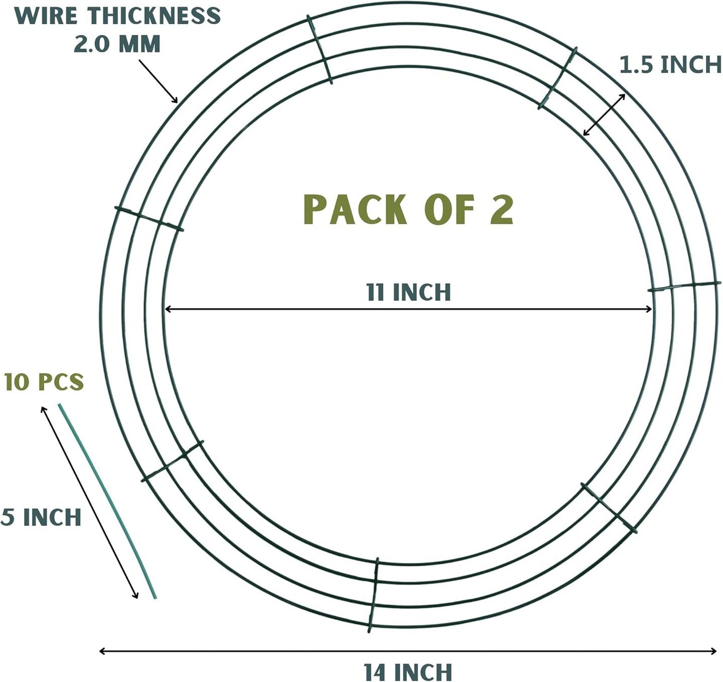 Pack of 2 Wire Wreath Frame (14 Inch) &#x2013; Round Metal Wreath Form for Crafts &#x26; Floral Decorations on Weddings Christmas Home Party Celebrations, Dark Green