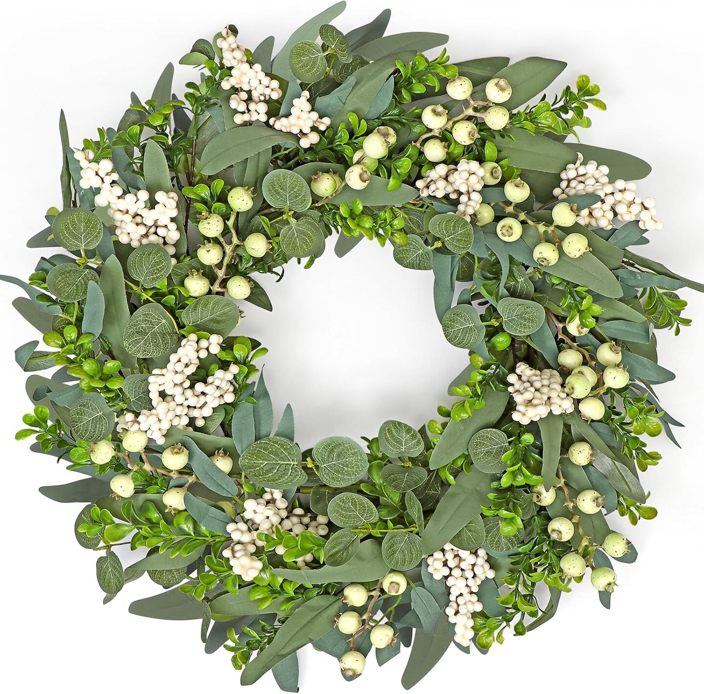 Green Eucalyptus Wreath for Front Door, 20 Inch Artificial Eucalyptus Leaves Wreath with Big Berries Boxwood Spring Greenery Wreath Decor