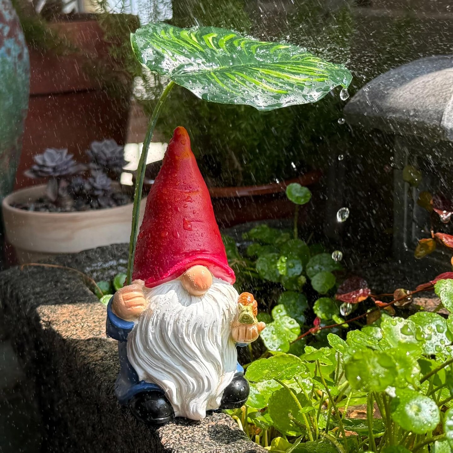 Garden Spring Statue Decoration with Leaf Umbrella, 6.5” Figurine Ornament for Indoor Outdoor Home Patio Yard Lawn