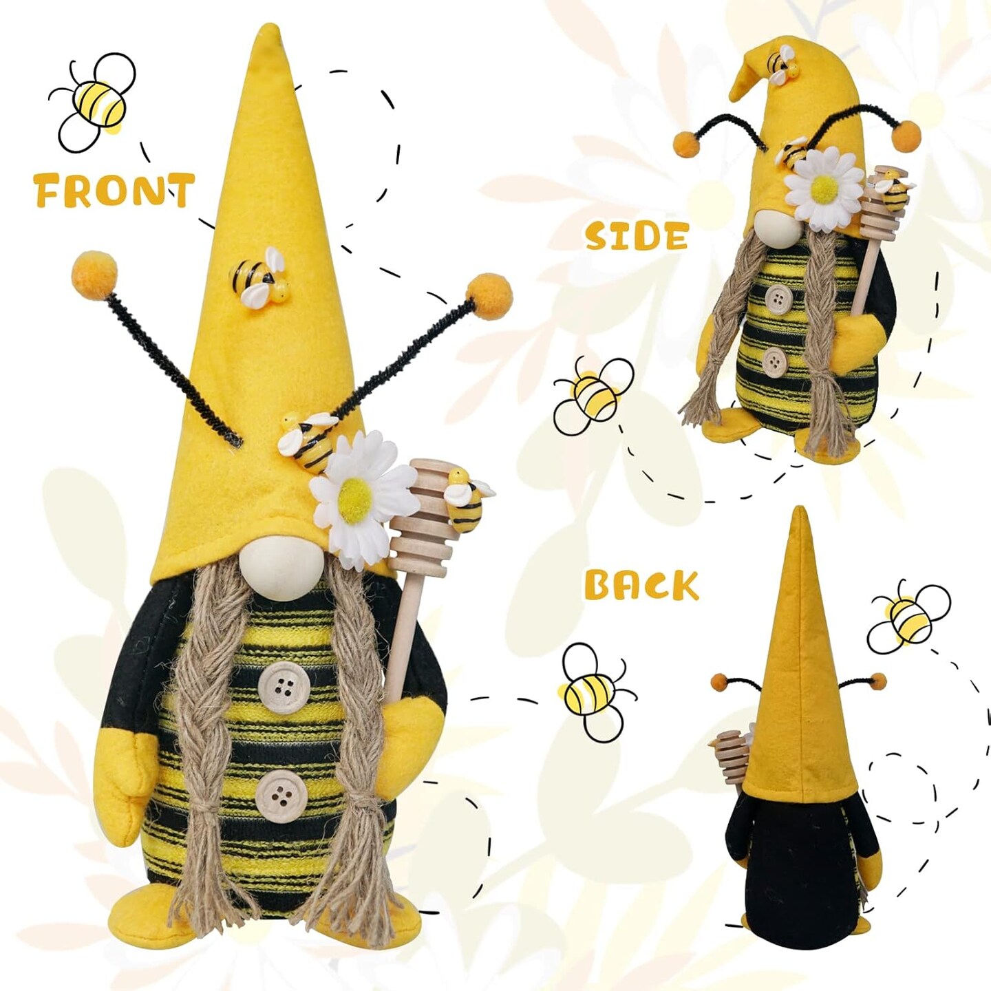 Bumble Bee Gnome Plush, Spring Honeybee Decor, Mr and Mrs Gnomes Plush Tomte Elf World Bee Day Figurine for Rustic Farmhouse Tiered Tray