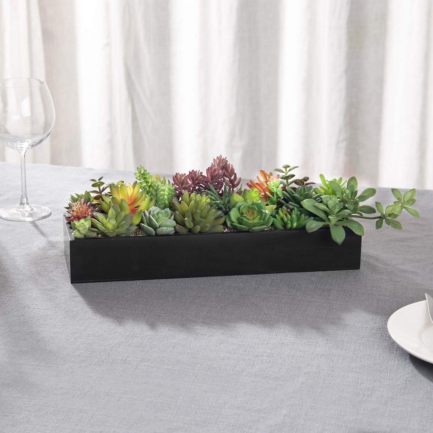 Artificial Succulent Centerpiece,15.75 Inch Faux Succulents Arrangement Plants in Sleek Black Wooden Rectangular Planter Box