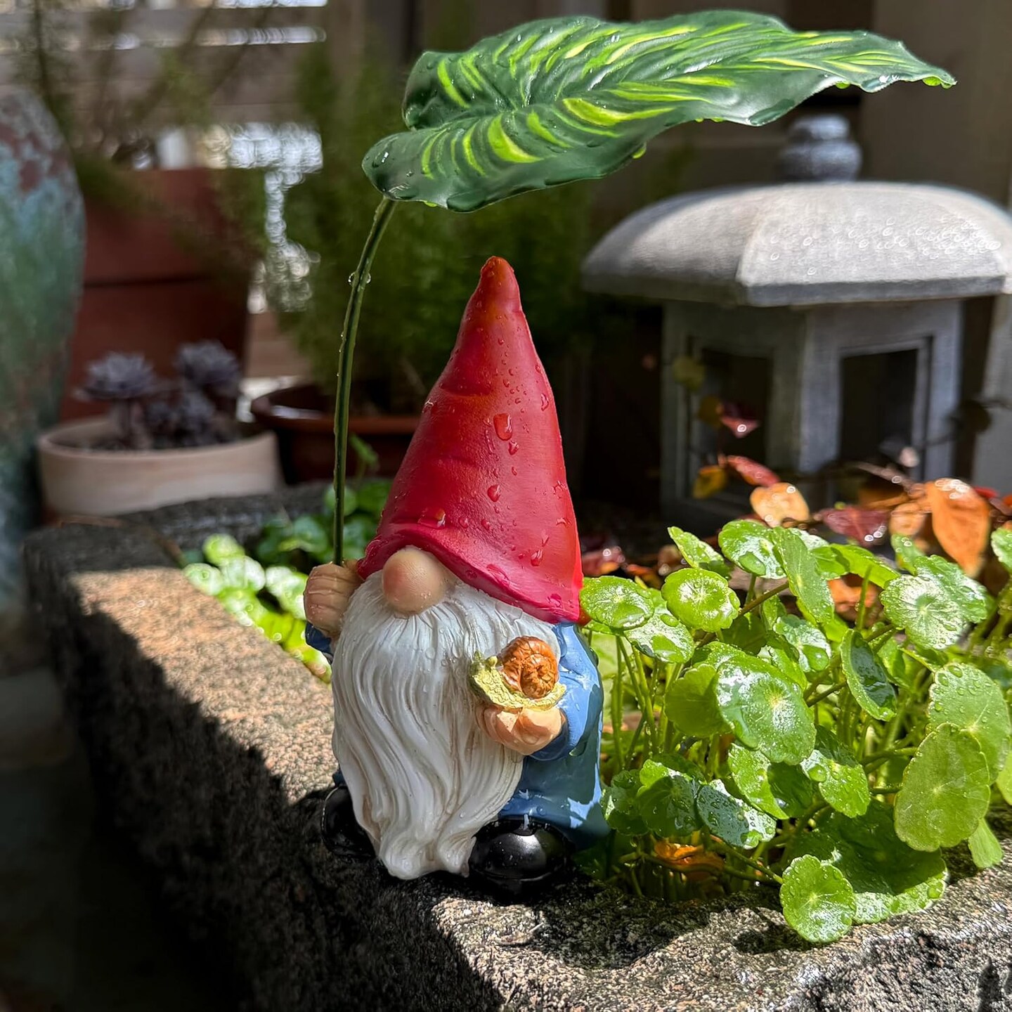 Garden Spring Statue Decoration with Leaf Umbrella, 6.5” Figurine Ornament for Indoor Outdoor Home Patio Yard Lawn