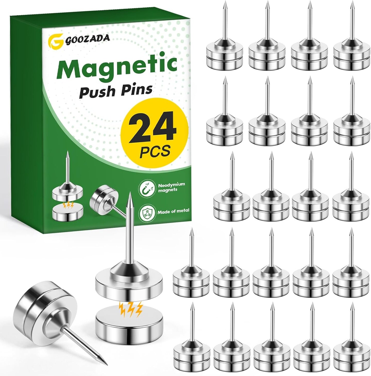Metal magnetic push pins 24 sets silver thumbtacks for cork boards walls and bulletin board decoration