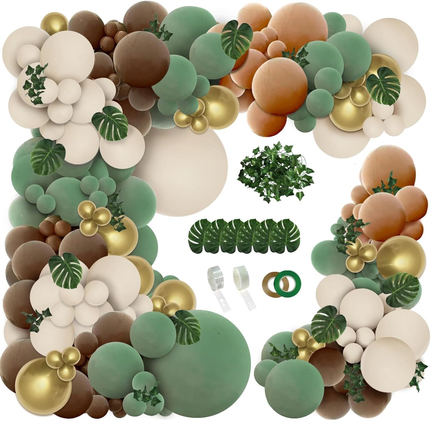 148pcs Woodland Safari Jungle Wild One Balloon Garland Arch Kit Sage Green and Brown Sand white Balloons with Palm Leaves for Tropical Boho Birthday Party Supplies Baby Shower Decorations