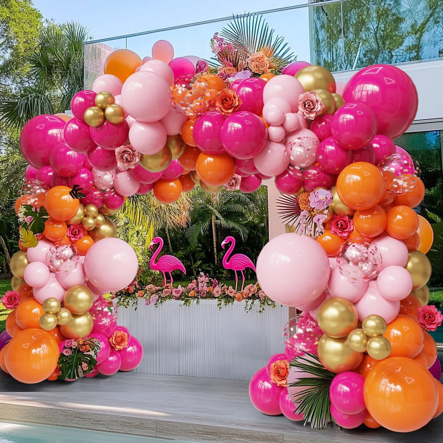 Pink Orange Balloon Arch Balloon Garland Kit Hot Pink Gold Confetti Globos Magenta Stuff For Summer Tropical Luau,Groovy Bachelorette, Sunset Baby Shower,Graduation Party Decorations
