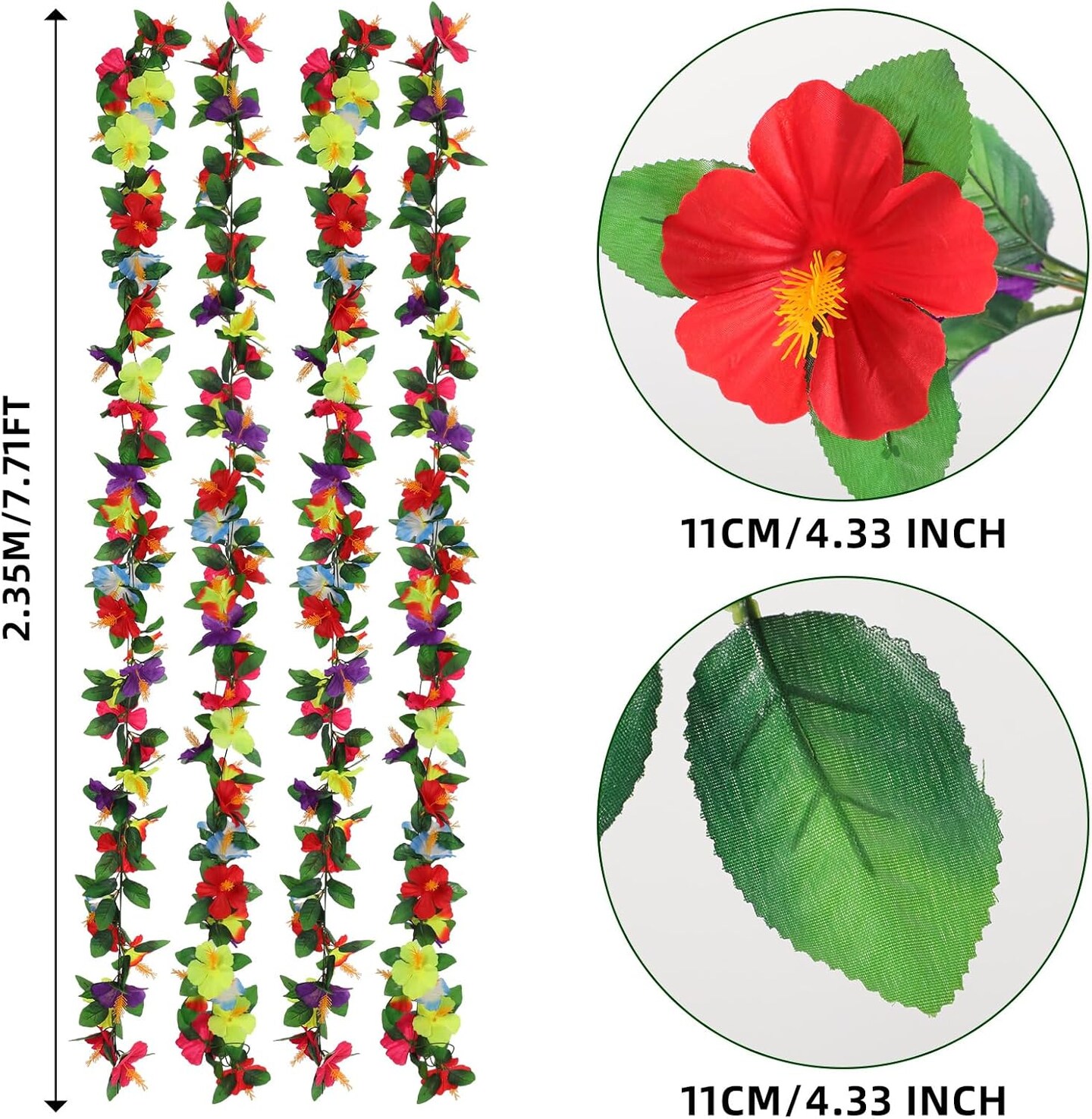 4 Pcs 7.71 ft Hibiscus Flower Garland for Hawaiian Party Decoration Artificial Summer Spring Beach Silk Tropical Garland Plant Floral Vines Hawaiian Leis for Luau Birthday Party Wedding Decor