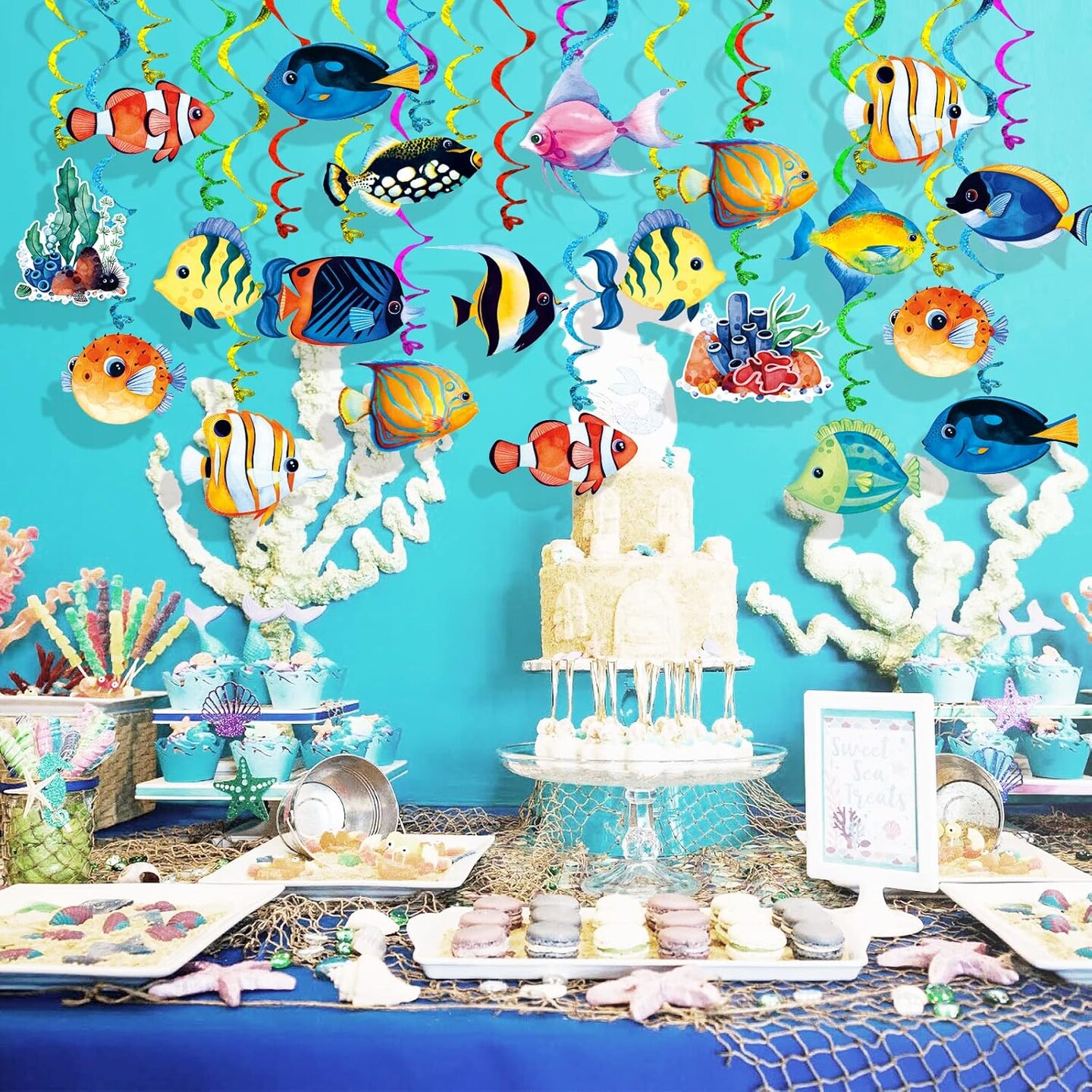 Tropical Fish Hanging Swirls Banner Decor 30 Pack Foil Ceiling Hanging Swirls Streams Banner Decorations Garland for Under The Sea Ocean Celebrating Events Birthday Party Supplies Room Wall Decor