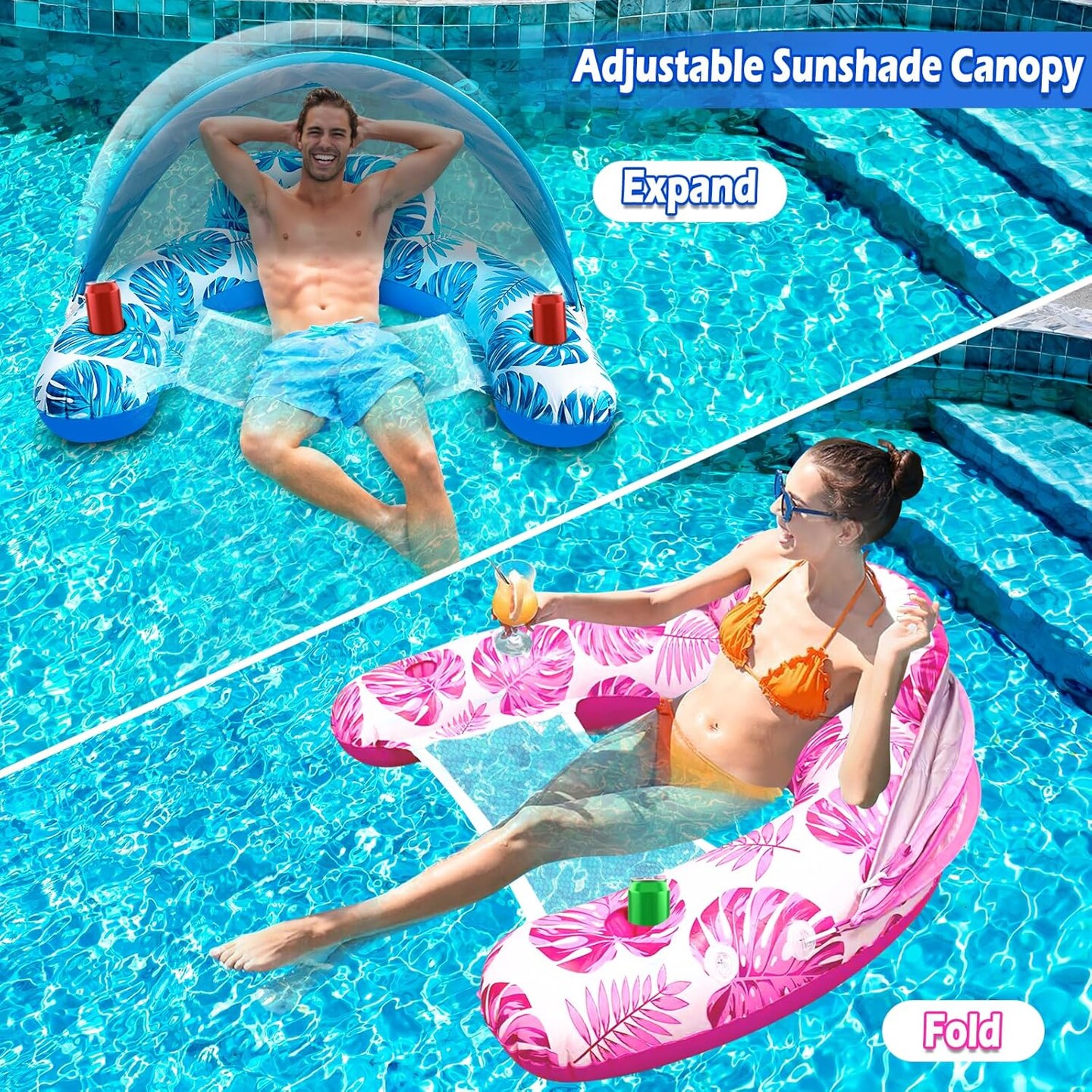 Pool Float with Canopy, Inflatable Pool Floats for Adult with 2 Cup Holders - XL Pool Lounger Chairs with Detachable Shade Mesh Seat & Headrest for Hawaiian Pool Party Beach Summer Water Fun